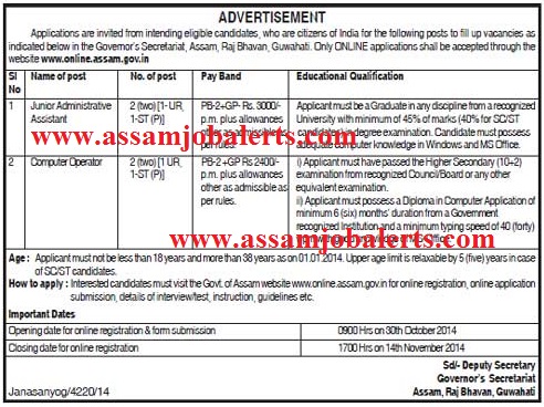 governor's secretariat Assam recruitment assamjobalerts