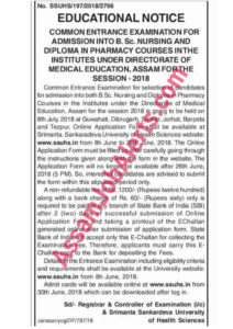DME Assam B. Sc. Nursing and Diploma in Pharmacy Admission 2018