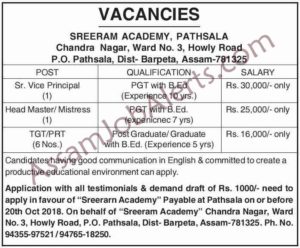 SREERAM ACADEMY, PATHSALA RECRUITMENT FOR TGTPRT, HEAD MASTER AND VICE PRINCIPAL