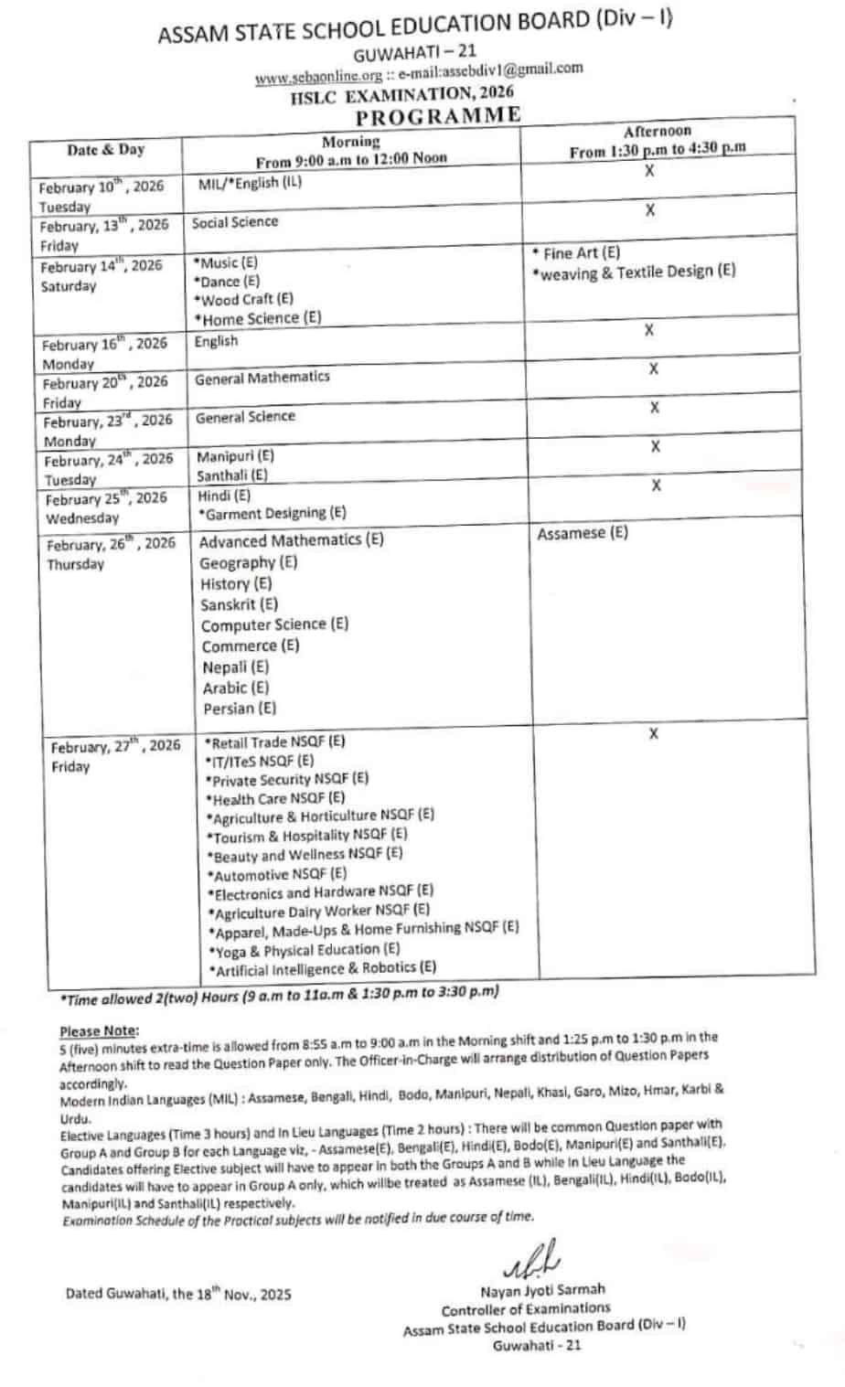 ASSEB HSLC Routine 2026